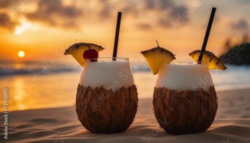  Sunset Cocktail Hour on a Tropical Beach, refreshing pinna coladas served in coconut shells against photo