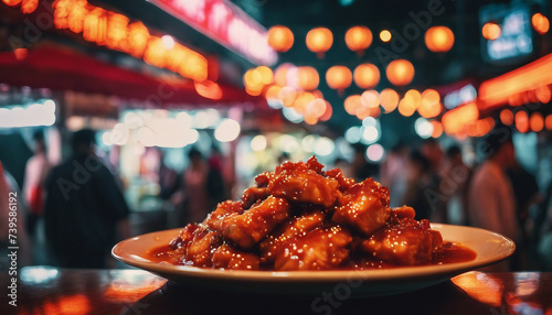 Sweet and Sour Pork, glistening with sauce, against the soft lights of a Guangzhou night market