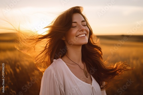 Joyful woman enjoying sunset in outdoor Field, positive mental health and wellness concept © NoLimitStudio