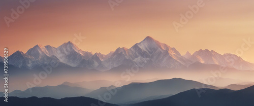 A panoramic view of a mountain range at dawn, the peaks bathed in golden light, the sky a soft