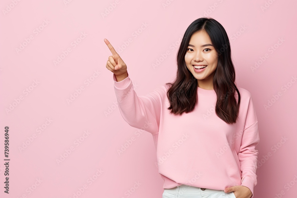 Happy young asian teen woman standing with her pointing finger aside. one color background, copy space - generative ai Happy young asian teen woman standing with her pointing finger aside. one color background, copy space - generative ai