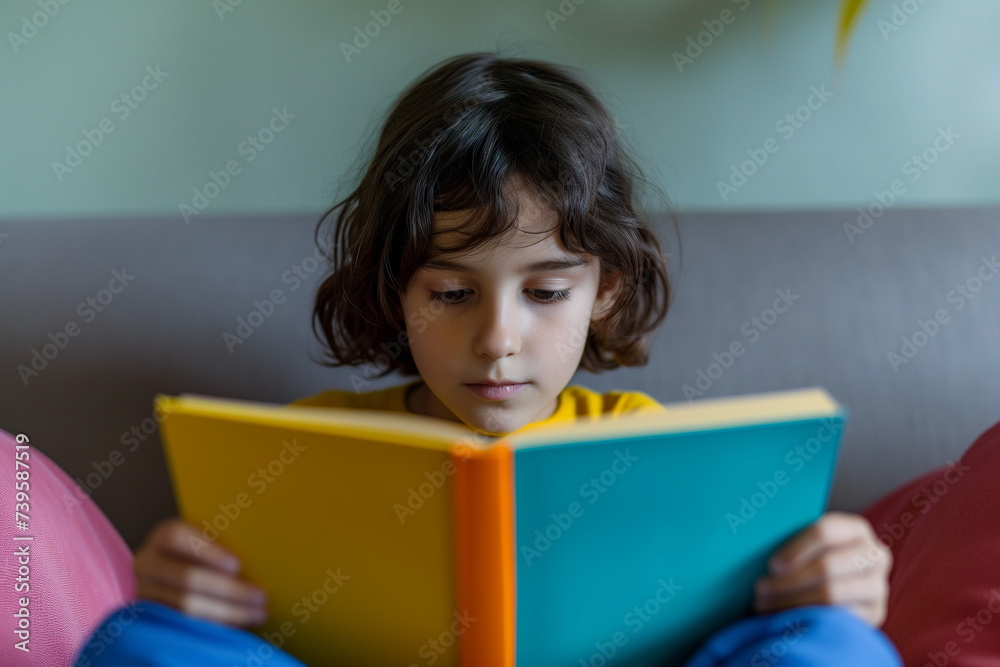 Child Reading a Colorful Book, Girl Enjoying a Read Sitting on Her Bed, Attentive to the Stories and Knowledge Learned Child Reading a Colorful Book, Girl Enjoying a Read Sitting on Her Bed, Attentive to the Stories and Knowledge Learned