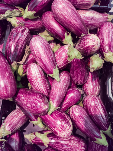 Organic striped eggplants in a traditional market.