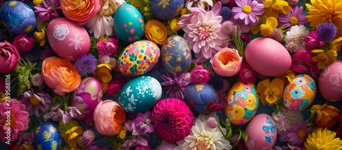 Vibrant Easter Egg Decorations Surrounded by Beautiful Spring Flowers