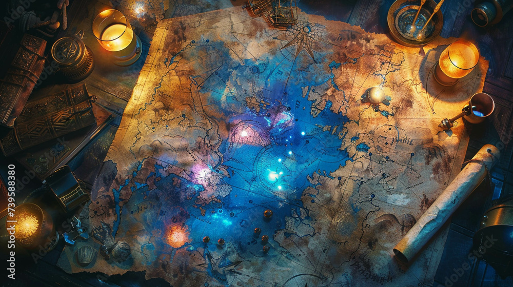 Fototapeta premium Elaborate fantasy map spread on an ancient table glowing runes hidden paths mythical creatures lurking rich colors intricate details