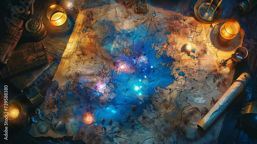 Elaborate fantasy map spread on an ancient table glowing runes hidden paths mythical creatures lurking rich colors intricate details