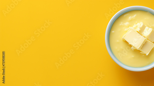 Pieces of butter in bowl on yellow background, top view