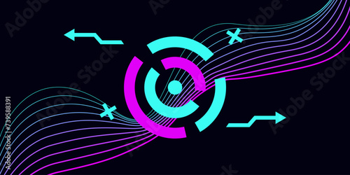 Tech template in cyberpunk style geometric shape. Sound wave and graphic circle. Design social networks mobile application banners poster postcard presentation and advertisement. Vector illustration.