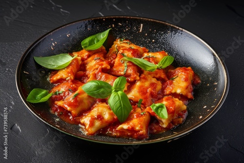 Overhead shot of ravioli with tomato sauce and basil on a black slate plate