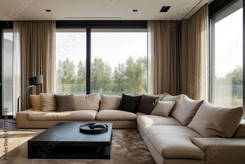 Stylish living room with beige corner sofa black coffee table black lamp and large curtains behind big windows © LimeSky
