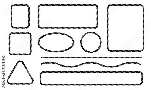 Set of rope or cord frames and borders. Rectangle, circle, oval, square, triangle shapes with thread or cable texture. Design elements in sailor, marine, sea, nautical style. Vector flat illustration.