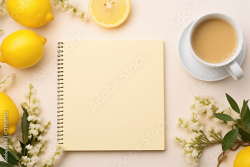 A cup of coffee sits next to lemons and a notebook on a table. Sense of creativity and inspiration, inviting the viewer to imagine the possibilities that await within the empty pages of the notebook