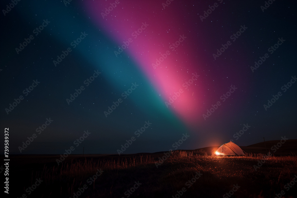 Aurora borealis above camping tent with campfire. Colorful northern lights on a night sky full of stars. Concept of exploration, adventure, relaxation and calm