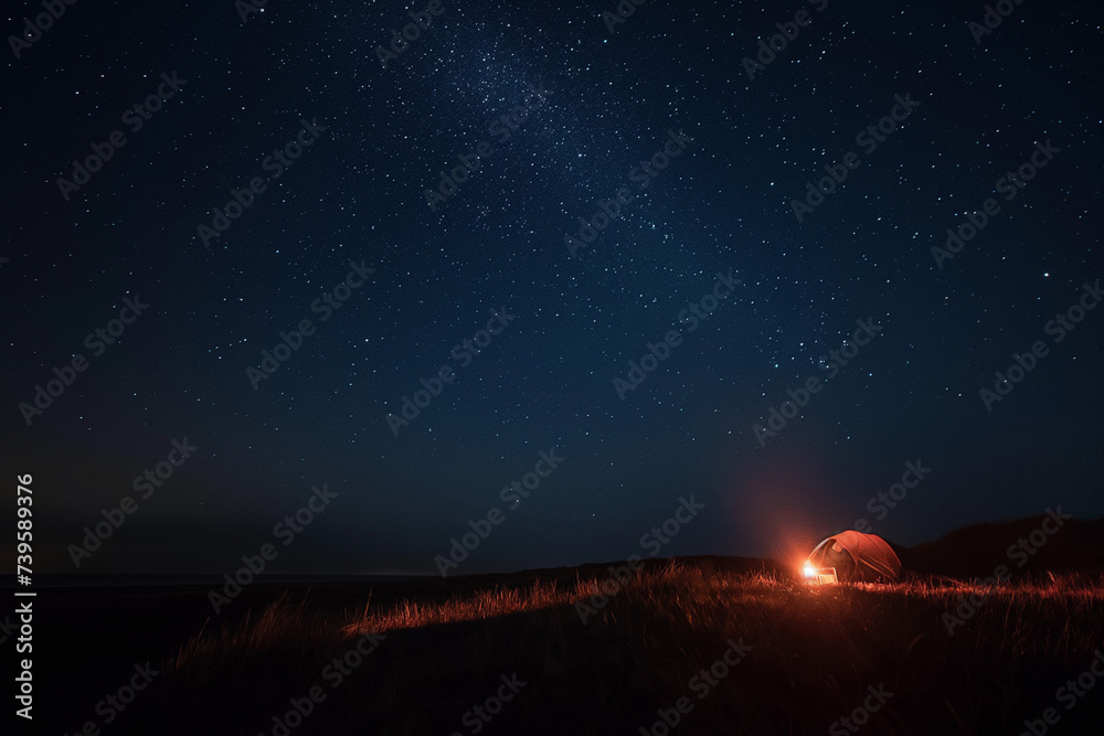 Illuminated camping tent with campfire under sky full of stars. Night time tranquility and calm. Concept of wilderness camping and solitude 