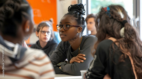 A group of students participating in an educational workshop on diversity and inclusion, fostering a sense of social responsibility. Multicultural group of yound adults at school