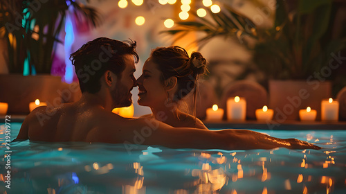 Romantic couple relaxing and kissing in hot tub jacuzzi at luxury health spa. Lovers enjoying a bubble bath. Canlde light atmosphere. © Annemarie