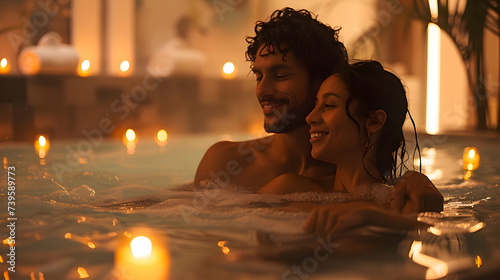 Romantic hispanic couple in love relaxing in hot tub jacuzzi at luxury health spa. Lovers enjoying a romantic spa expierence at a  bubble bath. Canlde light atmosphere.