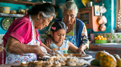 Family portrait of three gernerations of loving latina women retired grandmother, adult daughter, little granddaughter baking sourdough bread together in kitchen. hispanic women cooking at home