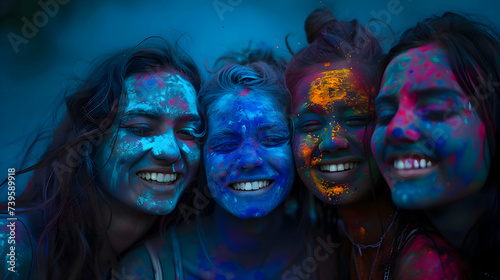Holi Festival Of Colours. Young woman with a joyful expression covered with colorful Holi powder and smiling brightly. Happy female having fun in crowd at Holi, summer party or music festival
