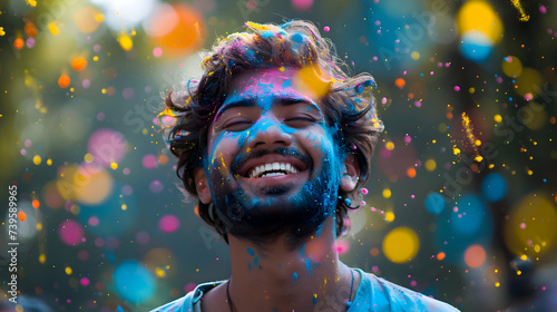 Holi Festival Of Colours. Young Indian man with a joyful expression covered with colorful Holi powder and smiling brightly. Powder paint in in Goa Kerala