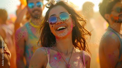 Holi Festival Of Colours. Young Indian woman with a joyful expression covered with colorful Holi powder and smiling brightly. Powder paint in in Goa Kerala