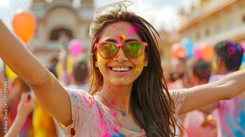 Holi Festival Of Colours. Young Indian woman with a joyful expression covered with colorful Holi powder and smiling brightly. Powder paint in in Goa Kerala
