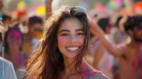 Holi Festival Of Colours. Young woman with a joyful expression covered with colorful Holi powder and smiling brightly. Happy female having fun in crowd at Holi, summer party or music festival