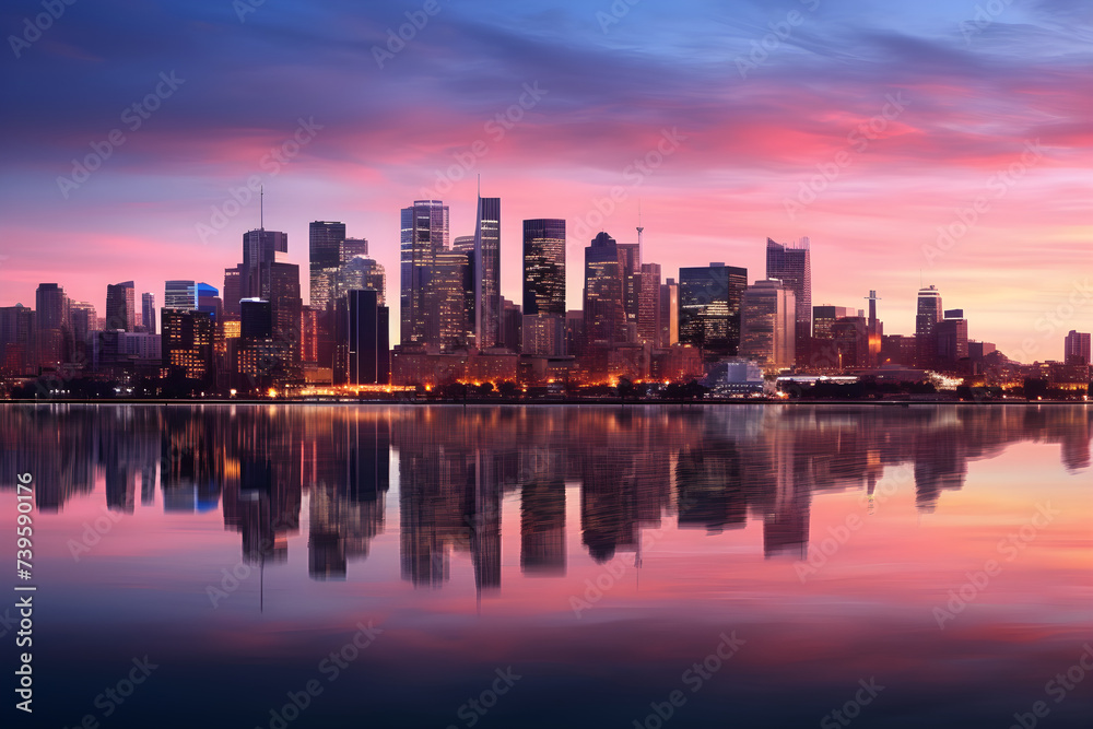 Fototapeta premium Evening Twilight: An Illuminated FZ Metropolitan Skyline with Spectacular Water Reflections