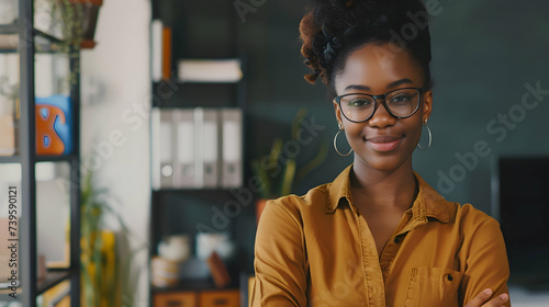 Positive beautiful young black business woman posing in office with hands folded, looking at camera with toothy smile. Happy african american female entrepreneur, corporate head shot portrait photo
