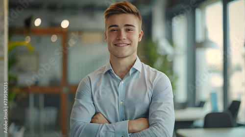 Positive beautiful young blonde business man posing in office with hands folded, looking at camera with toothy smile. Happy blonde male entrepreneur, corporate head shot portrait photo