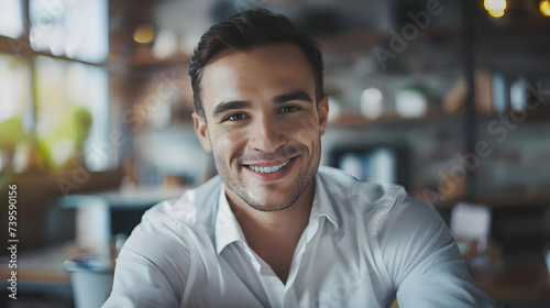 Positive beautiful young blonde business man posing in office with hands folded, looking at camera with toothy smile. Happy european male entrepreneur, corporate head shot portrait