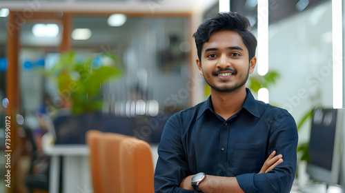 Positive beautiful young indian business man posing in office with hands folded, looking at camera with toothy smile. Happy hindu male entrepreneur, corporate head shot portrait photo