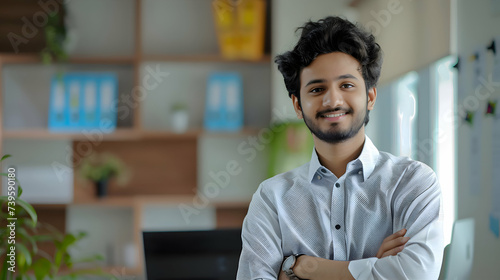 Positive beautiful young indian business man posing in office with hands folded, looking at camera with toothy smile. Happy hindu male entrepreneur, corporate head shot portrait