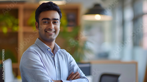 Positive beautiful young indian business man posing in office with hands folded, looking at camera with toothy smile. Happy hindu male entrepreneur, corporate head shot portrait