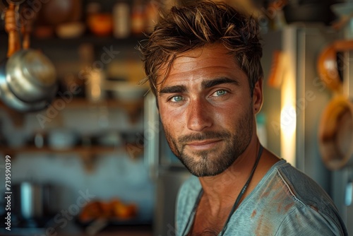A rugged man with piercing blue eyes gazes intensely at the viewer, his facial hair and clothing adding to his captivating aura in this striking indoor portrait photo