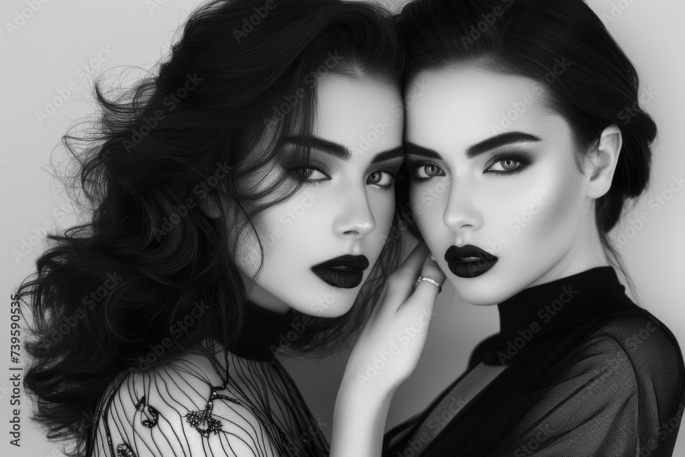 Studio black and white fashion photo featuring two stunning dark haired girls with evening makeup Studio black and white fashion photo featuring two stunning dark haired girls with evening makeup
