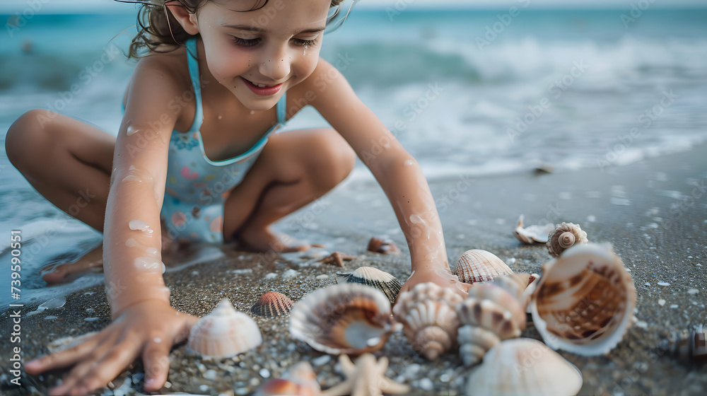 Cute Little Girl In Swimsuit Playing At The Beach And Searching For cute-little-girl-in-swimsuit-playing-at-the-beach-and-searching-for