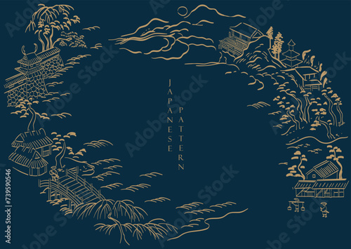 Blue Japanese background with Asian traditional icon vector. Cherry blossom and peony flower, wave pattern, bamboo and ribbon elements. Geometric pattern in vintage style.