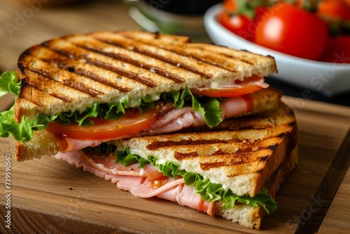 Grilled sandwich with ham cheese tomato and lettuce on a wooden board