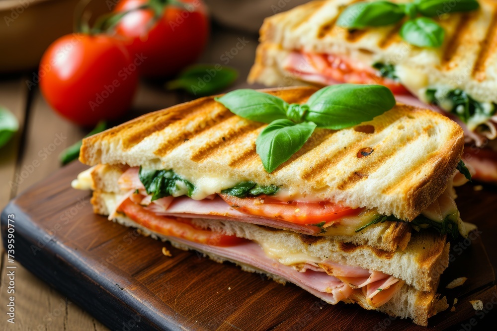 Ham tomato cheese and basil club sandwich pressed