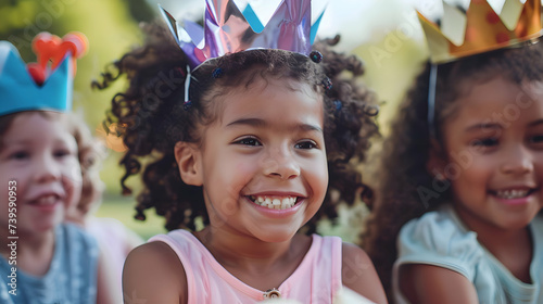 Happy and excited multiethnical girls enjoying a outdoor kids birthday party opening presents and wearing crowns and party hats. Summer in the garden. photo