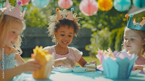 a group of happy and excited diverse girls enjoying a outdoor kids birthday party wearing crowns. Summer in the garden.