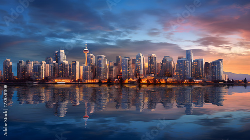 Evening Twilight: An Illuminated FZ Metropolitan Skyline with Spectacular Water Reflections