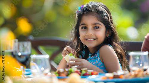 Portrait of a beautiful idian girl sitting at the table at a outdoors summer barbecue party with food and drinks. Happy family having a picnic at the park toghether with friends. photo