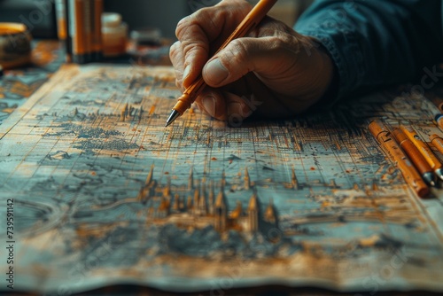 A skilled artist carefully plans their next masterpiece, pen poised over a map, tools at hand including scissors for precision, creating a stunning indoor display of creativity and ingenuity photo