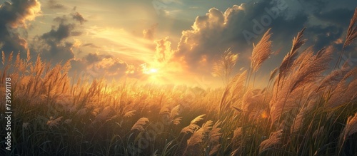 Serene landscape of tall grass field with vibrant sunset in rural countryside
