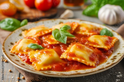 Nourishing Italian dish featuring ravioli tomato sauce and basil