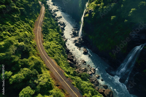 aerial view of a forest road leading to a waterfall