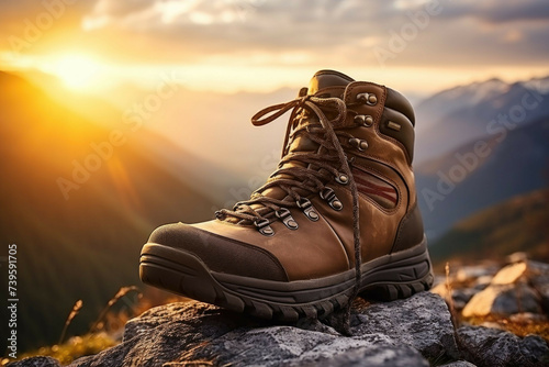 hiking boots at sunset on the mountains