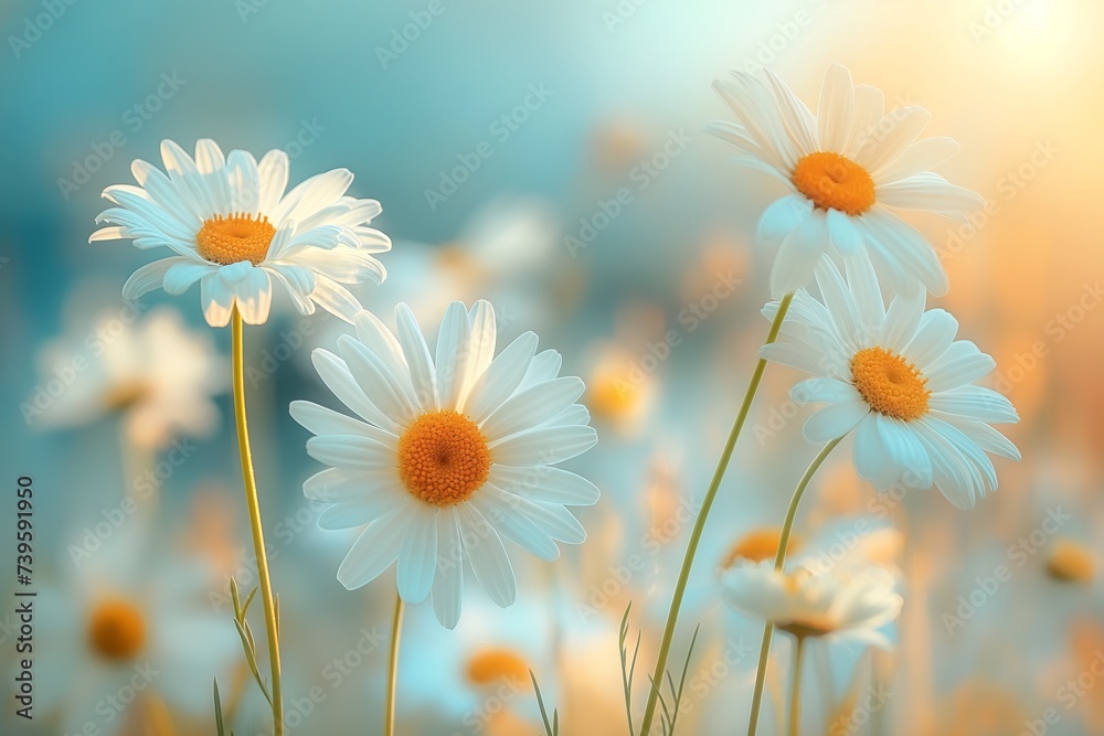 Blurred background of daisies on the summer field.